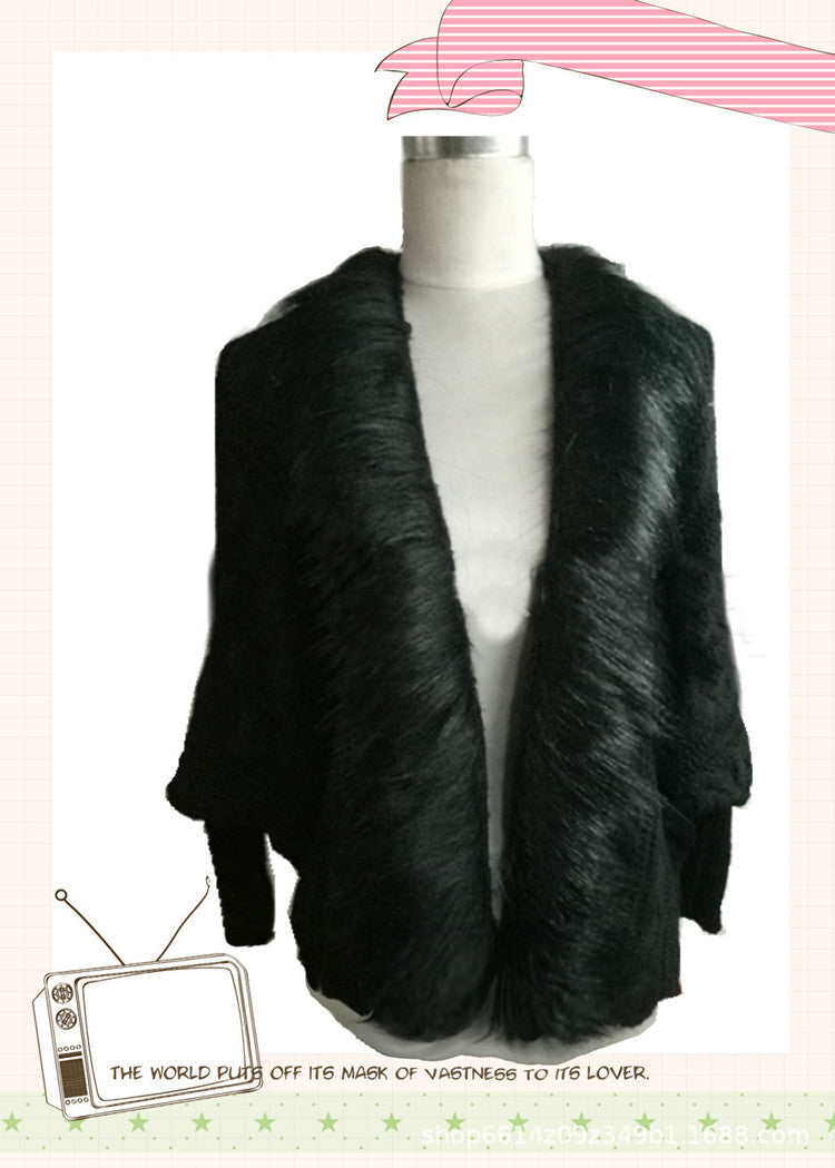 Faux Fur Collar Batwing Sleeve Cloak Shawl Women's Sweater