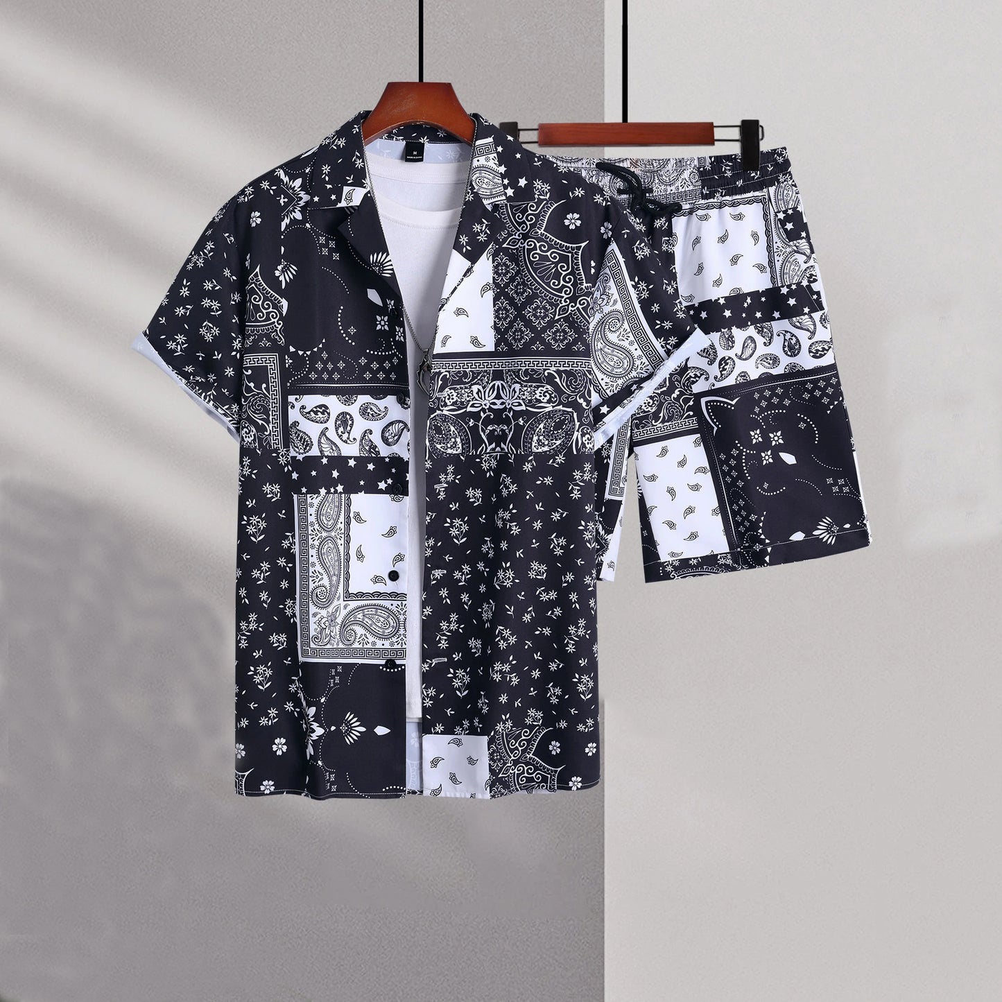 Men's Paisley Colorblock Bandana Print Turn-Down Collar Short Sleeve Shirt + Matching Shorts 2-Piece Set