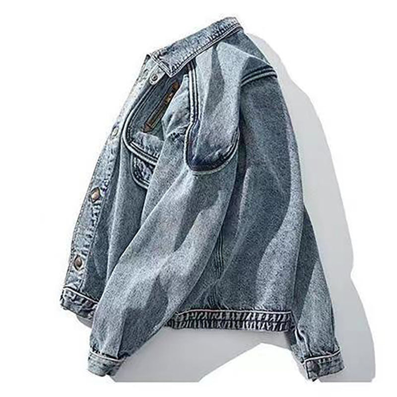 Men's Oversized Denim Faded Acid Washed Zipper Pocket Design Jean Jacket