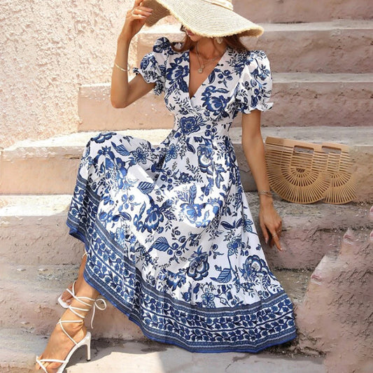 Floral Print Short Puff Sleeve V-Neck Bohemian Flowy Smocked Maxi Dress
