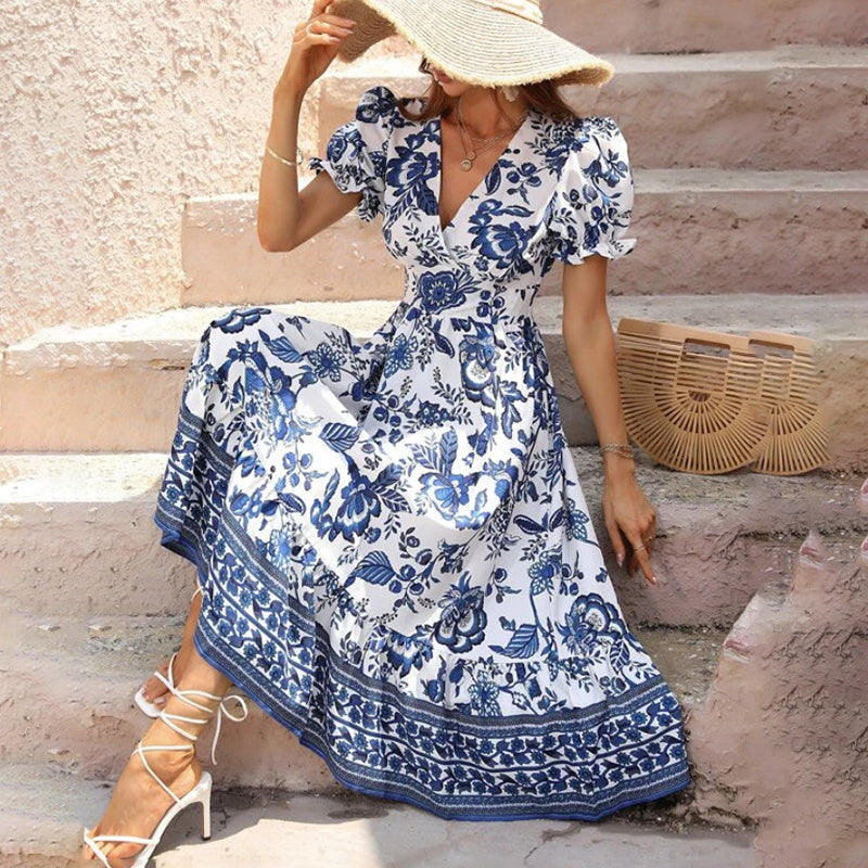Floral Print Short Puff Sleeve V-Neck Bohemian Flowy Smocked Maxi Dress