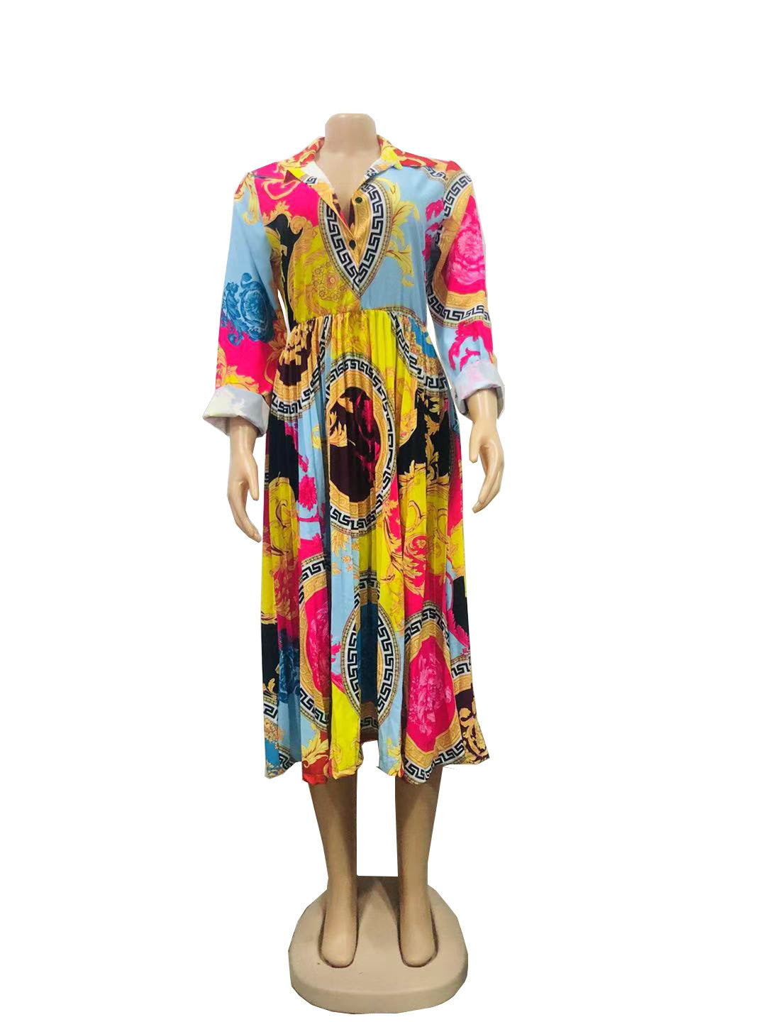 Pleated Baroque Multi-Colored Print Turn-Down Collar Long Sleeve Dress