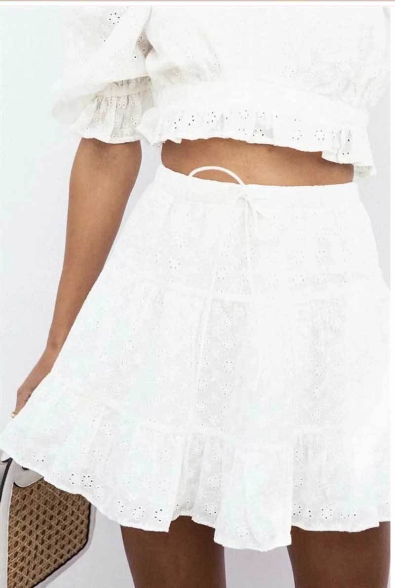 White Lace Ruffled Short Puff Sleeve Off-the-Shoulder Crop Top + Shorts Women's 2-Piece Set