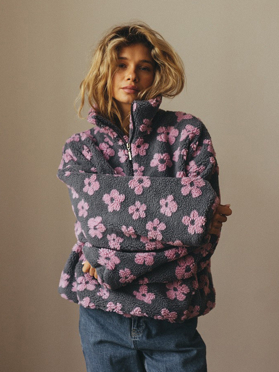 Fleece Lambskin Big Flower Print Pocketed Loose Pullover Long Sleeve Women's Zipper Sweatshirt