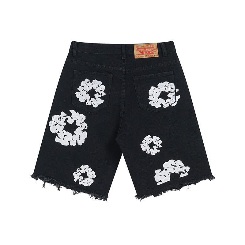 Men's Denim Big White Flower Print Jean Shorts
