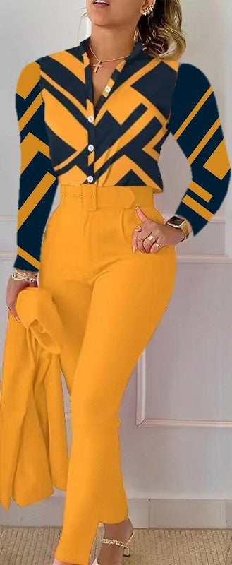 Floral/Geometric/Baroque/Colorblock Gradient Print Long Sleeve Blouse + Solid Color Pants w/ Belt 2-Piece Office Attire Set
