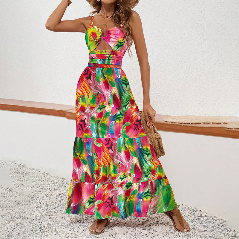 Tiered Flower Print Multi-Colored Hollow-Out Sleeveless Bohemian Spaghetti Strap Maxi Sundress