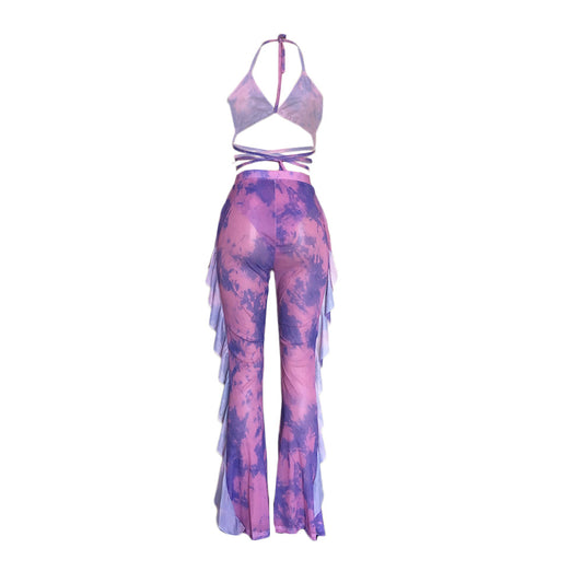 Mesh Butterfly/Tie-Dye Print Bikini Top + Tassel Fringe Design Pants Women's 2-Piece Set