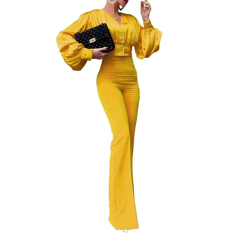 Satin Ruched Pleated Button-Up Balloon Sleeve Deep V-Neck Blouse + Wide Leg Pants 2-Piece Set