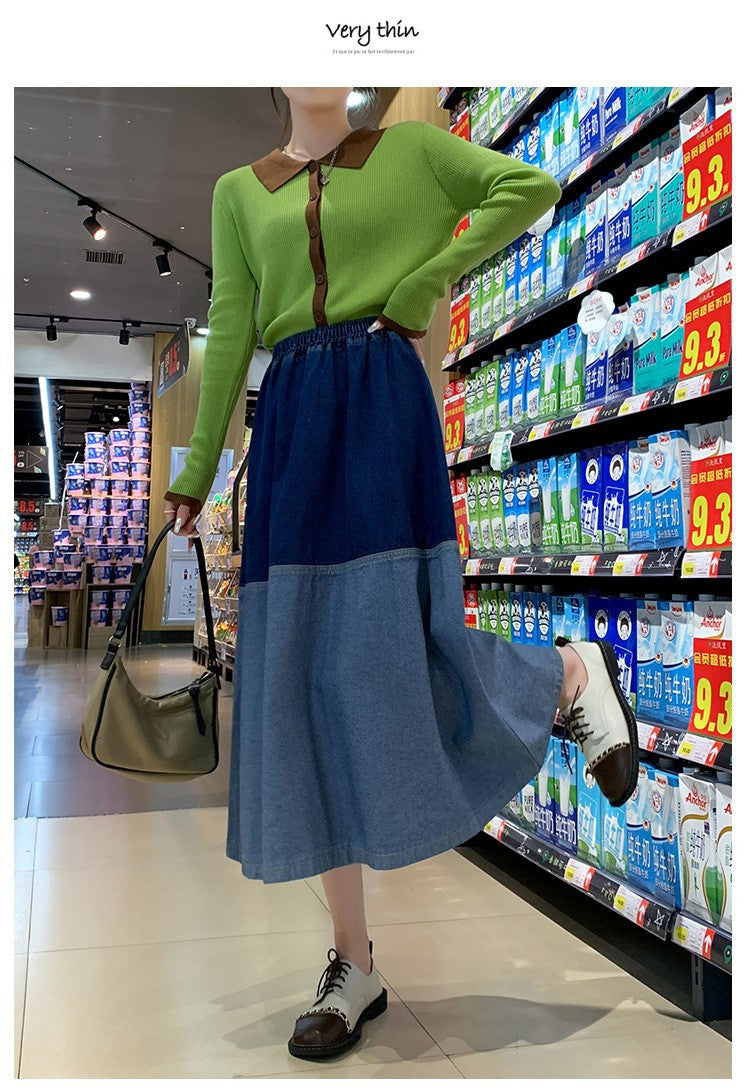 Retro Denim Blue Colorblock High Waist Maxi Jean Skirt to 4X Plus Size