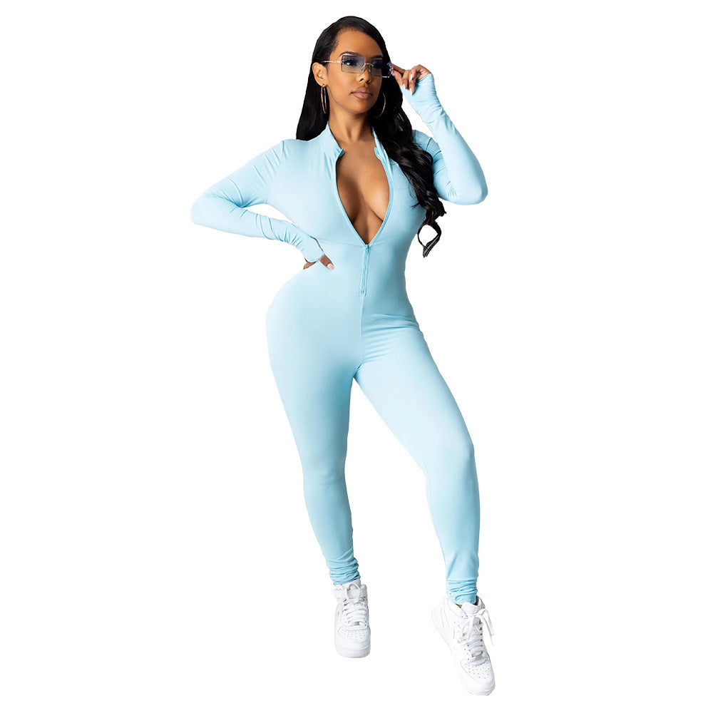 Fitness Workout Deep V-Neck Women's Long Sleeve Bodycon Solid Color Skin Tight Jumpsuit
