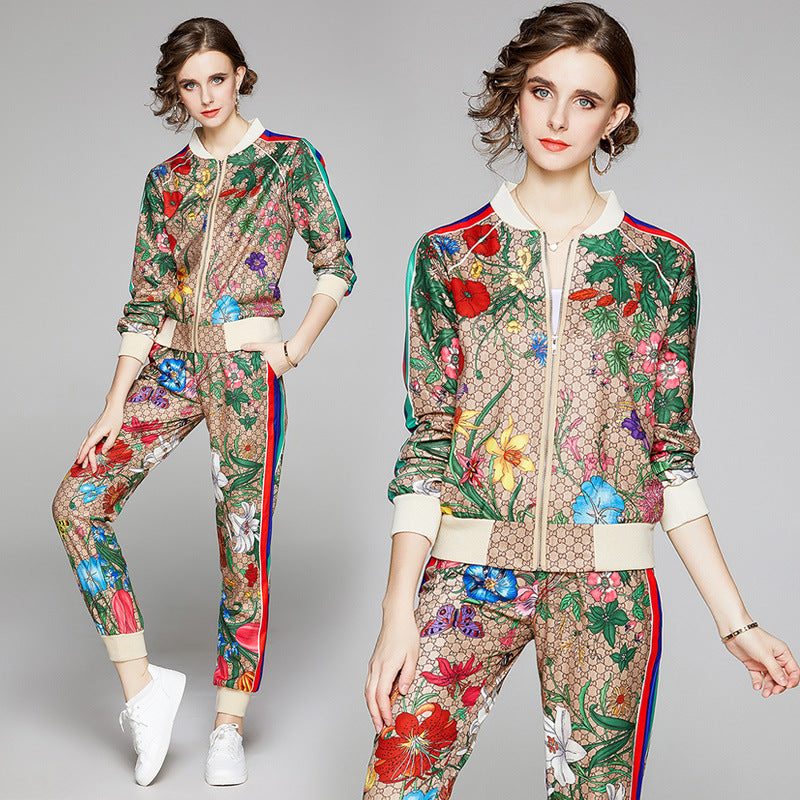 Designer Floral Monogram Side Striped Print O-Neck Zipper Bomber Jackets + Sweatpants Women's Tracksuit