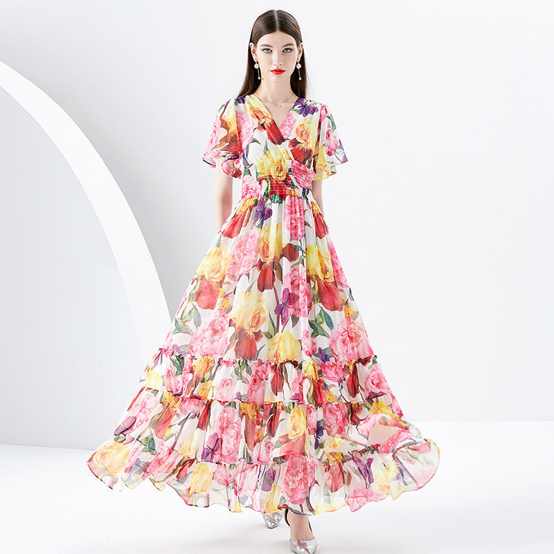 Rose Flower Multi-Colored Print Short Sleeve V-Neck Tiered Ruffled Maxi Dress