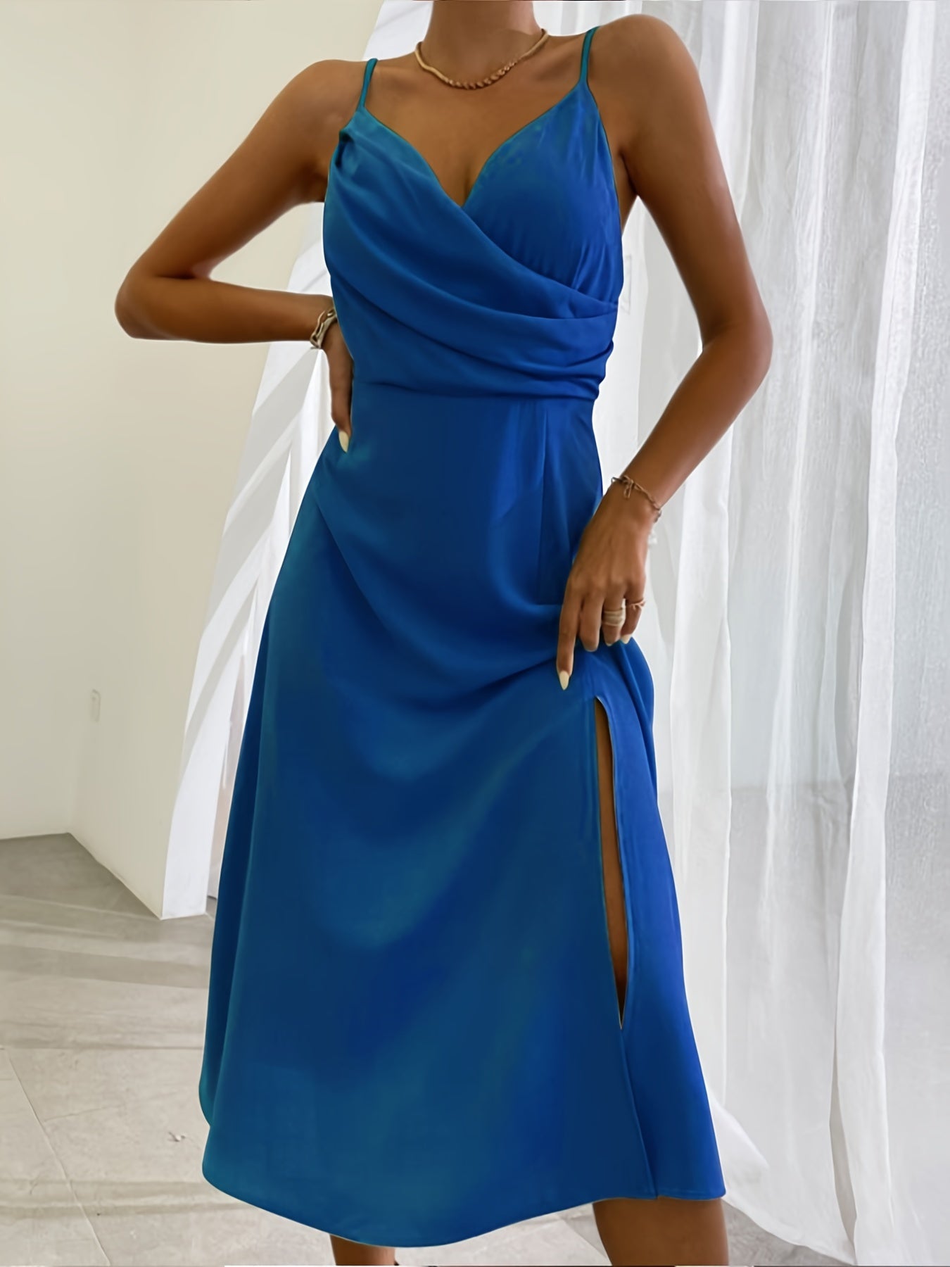 Sleeveless V-Neck Solid Color High Slit Sling Maxi Dress