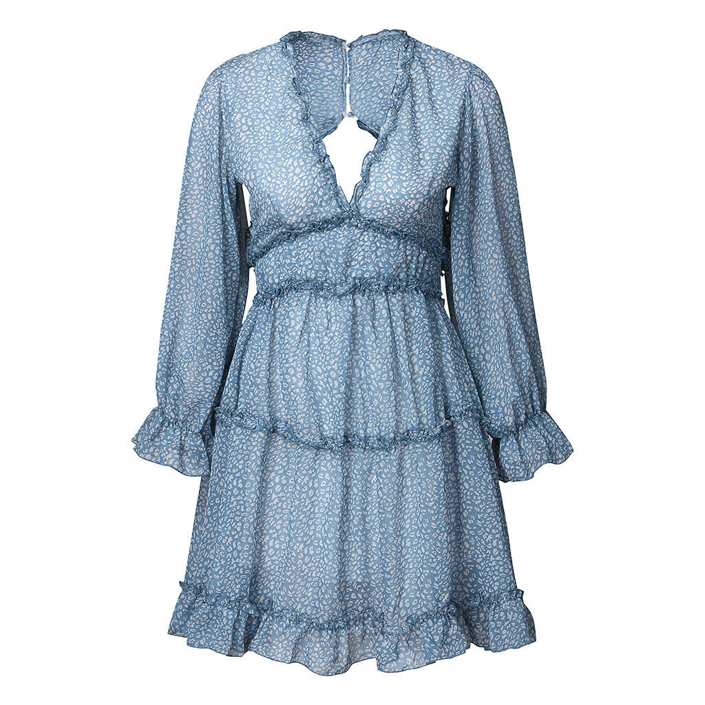 Bohemian Floral Print Ruffled Deep V-Neck Long Puff Sleeve Mini Dress