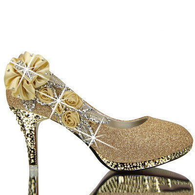 Crystal Rhinestone Pearl Metallic Rose Bow Embellished Round Toe Women's Stiletto Pumps