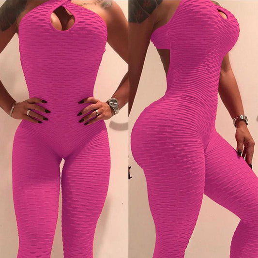 Texturized Criss-Cross Design Backless Ruched Fitness Workout Gym Jumpsuit