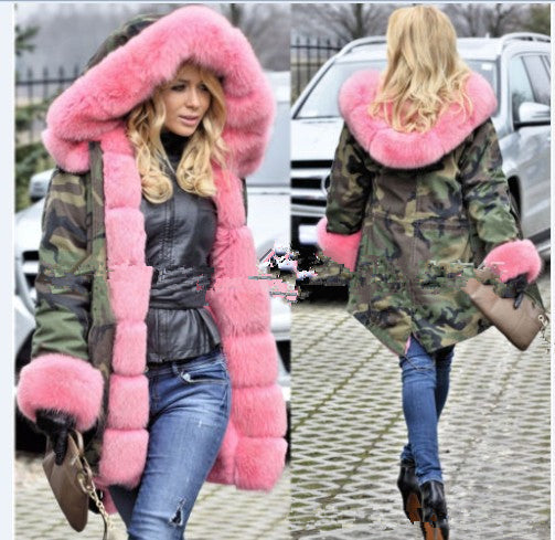Camoflauge Print Faux Fur Lined Women's Oversized Hoodie Coat to 3X Plus Size