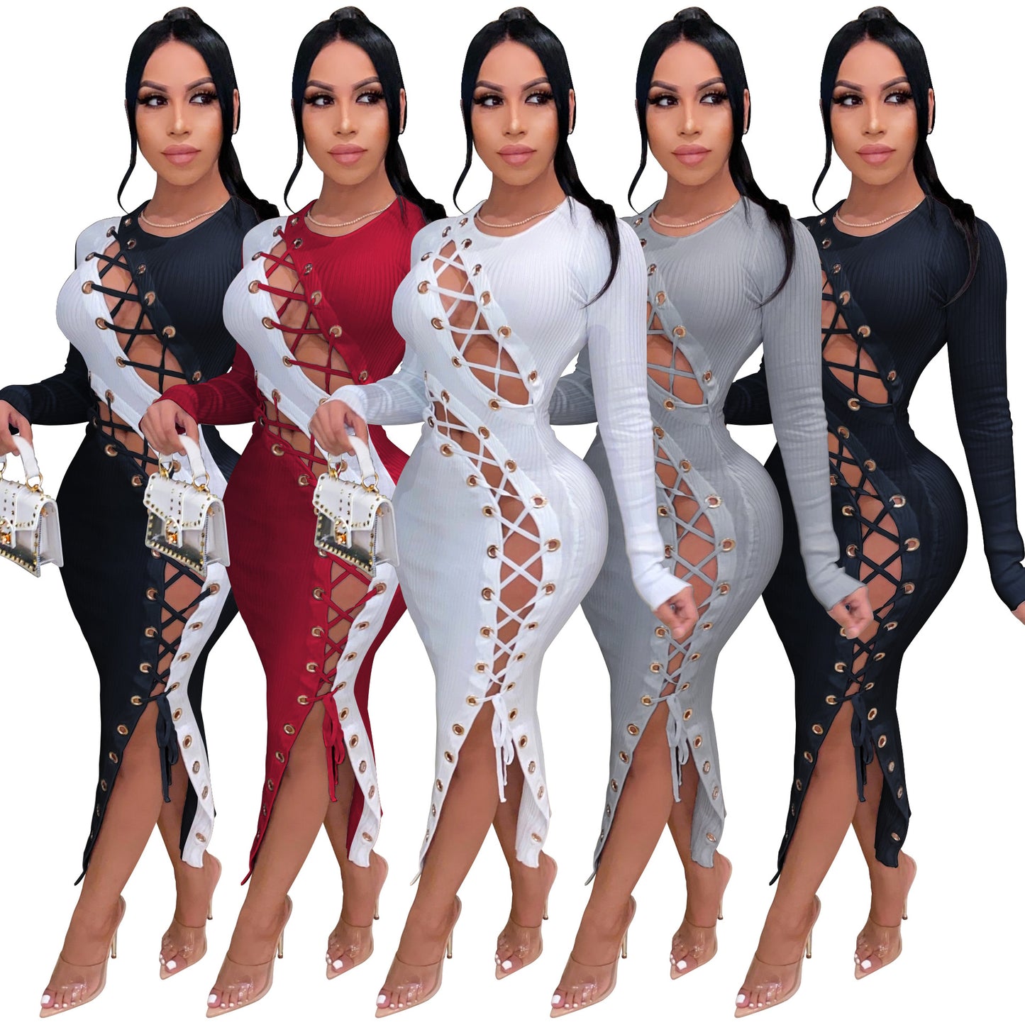 Colorblock/Solid Color Lace-Up Pattern Long Sleeve Skin Tight Hollow-Out Bodycon Dress
