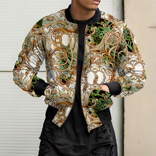 Geometric/Floral Baroque Fleece Lined O-Neck Waterproof Zipper Bomber Jacket