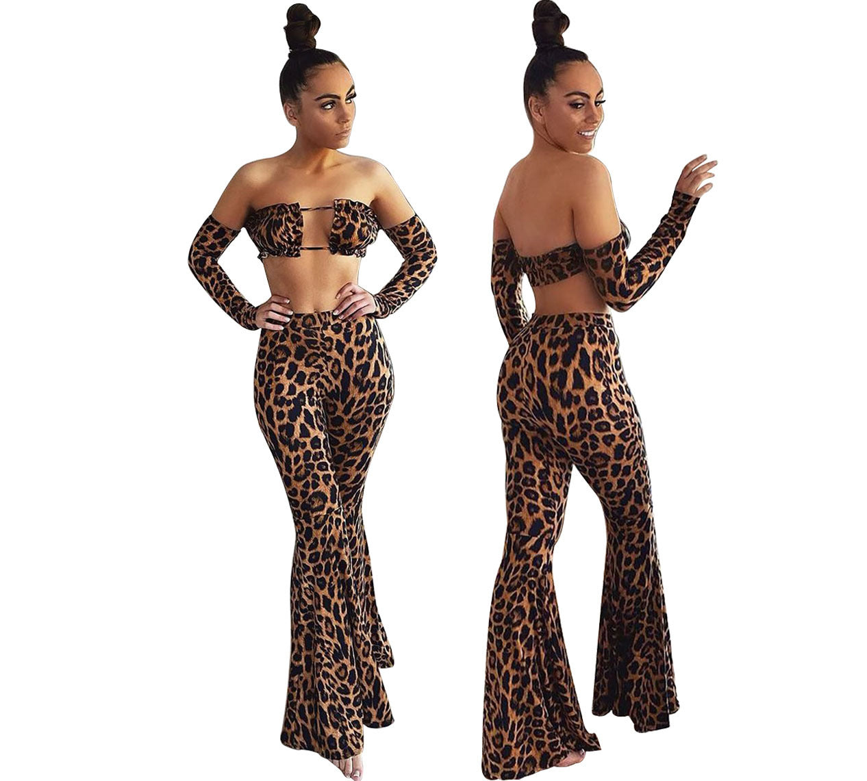 Leopard Print Sleeveless Hollow-Out Long Sleeve Crop Top + Wide Flared Leg Leggings Women's 2-Piece Set