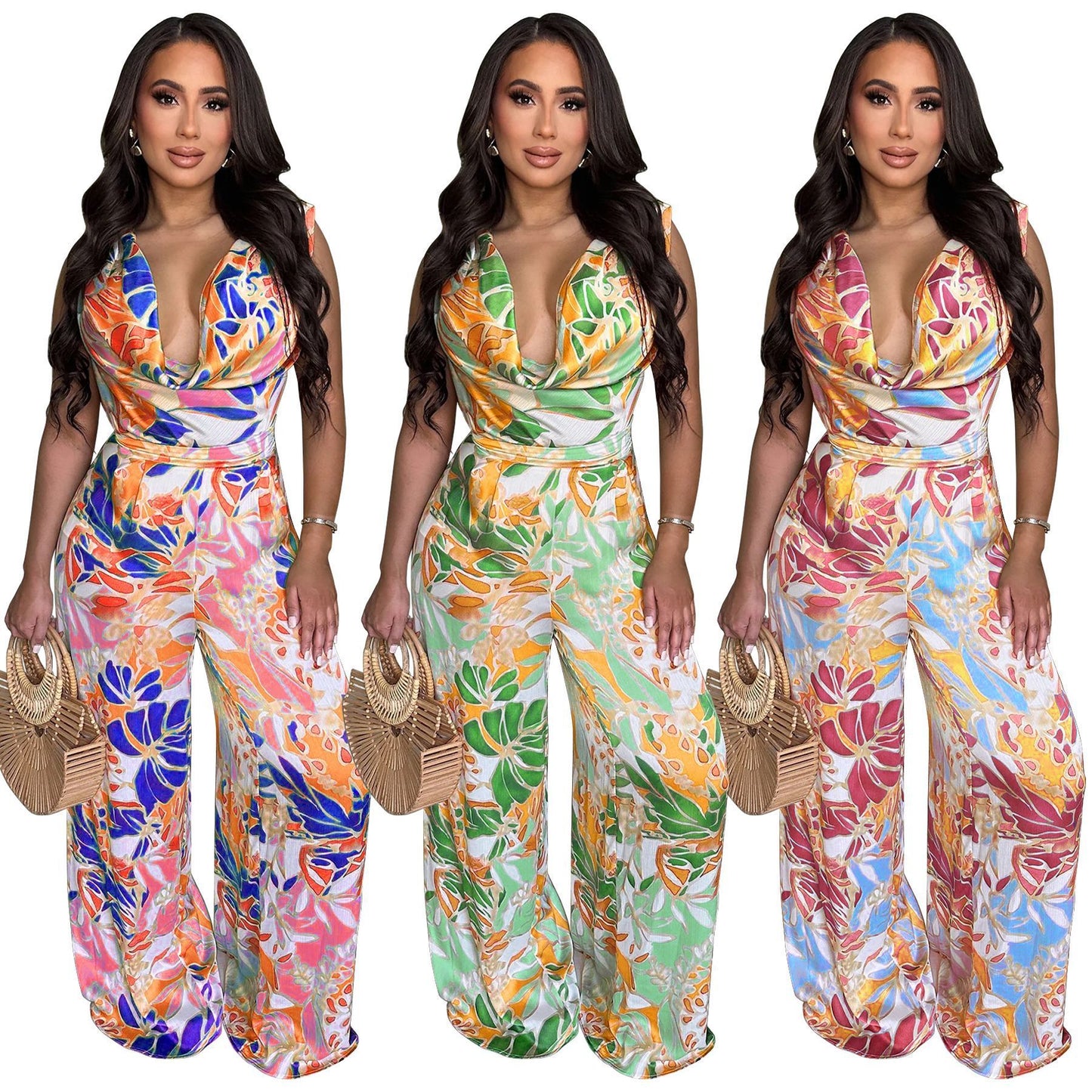 Tropical Print Deep V-Neck Women's Sleeveless Hollow-Out, Lace-Up Back Wide Leg Jumpsuit