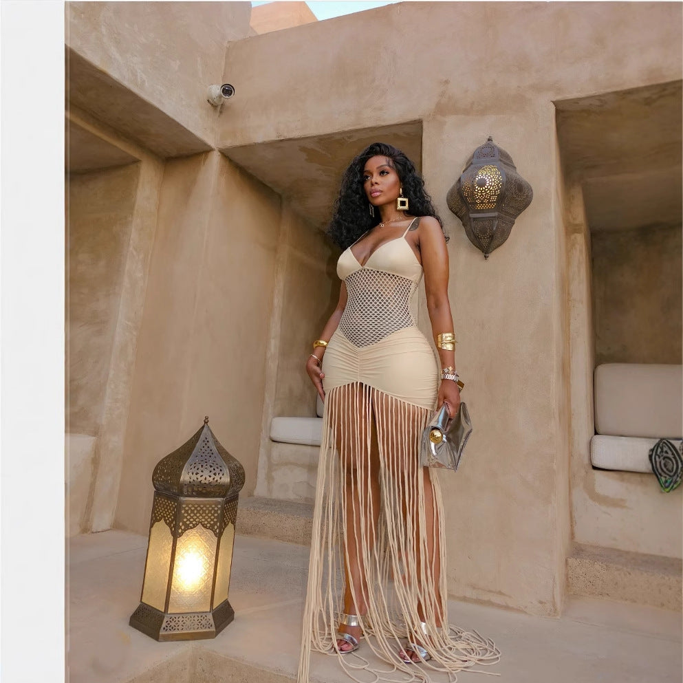 Champagne Mesh Net Hanging Tassel Fringe Design Sleeveless V-Neck Spaghetti Strap Formal Party Dress