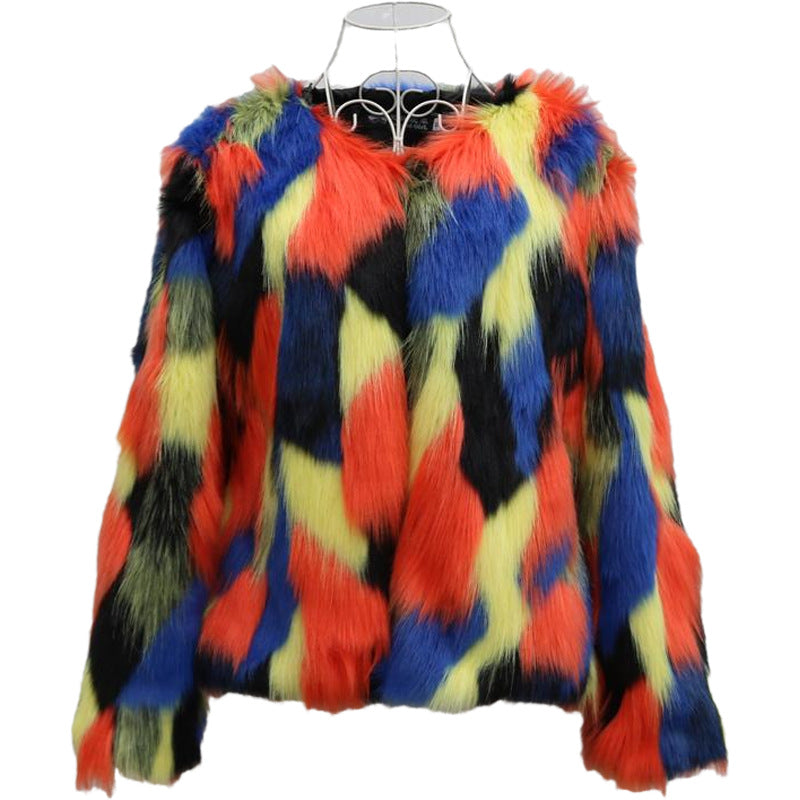 Faux Fox Fur Rainbow Colorblock Women's O-Neck Jacket to 8X Plus Size