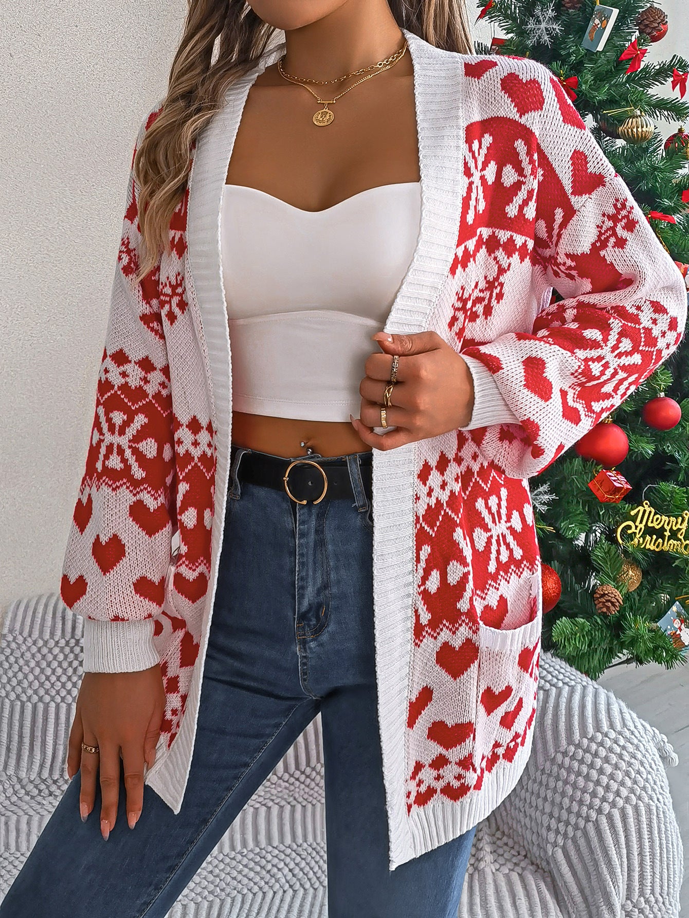 Knitted Christmas Reindeer Women's Printed Open Front Lantern Sleeve Oversized Pocketed Sweater