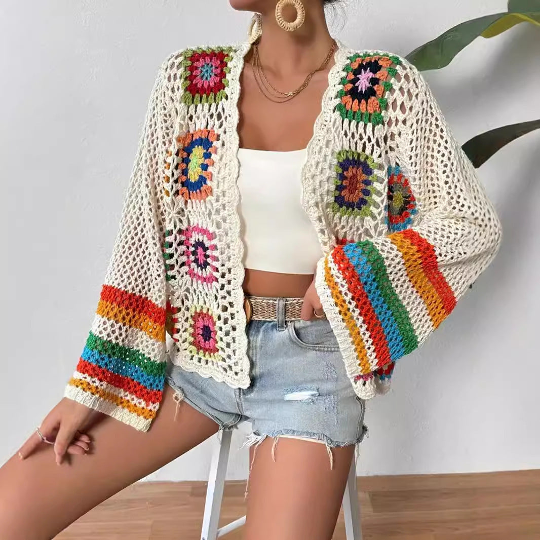 Crochet Handmade Plaid Rainbow Design Women's Cardigan Sweater