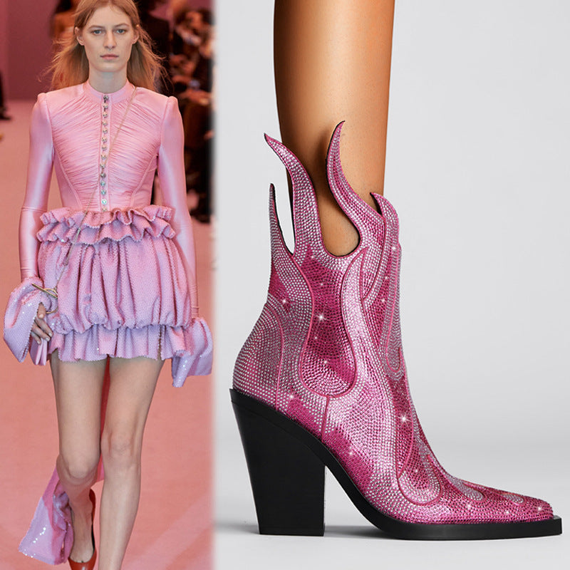 Flame Rhinestone Design Women's Low Square Toe Chunky Heel Martin Ankle Boots