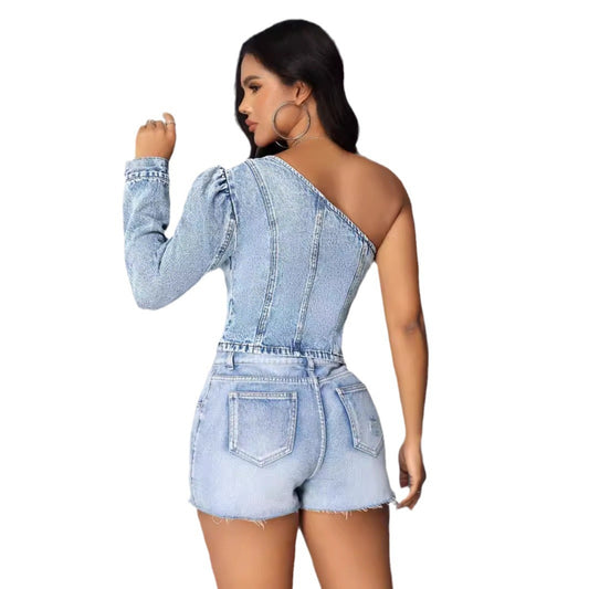 Denim Faded Light Blue Asymmetrical One Puff Sleeve Women's Top