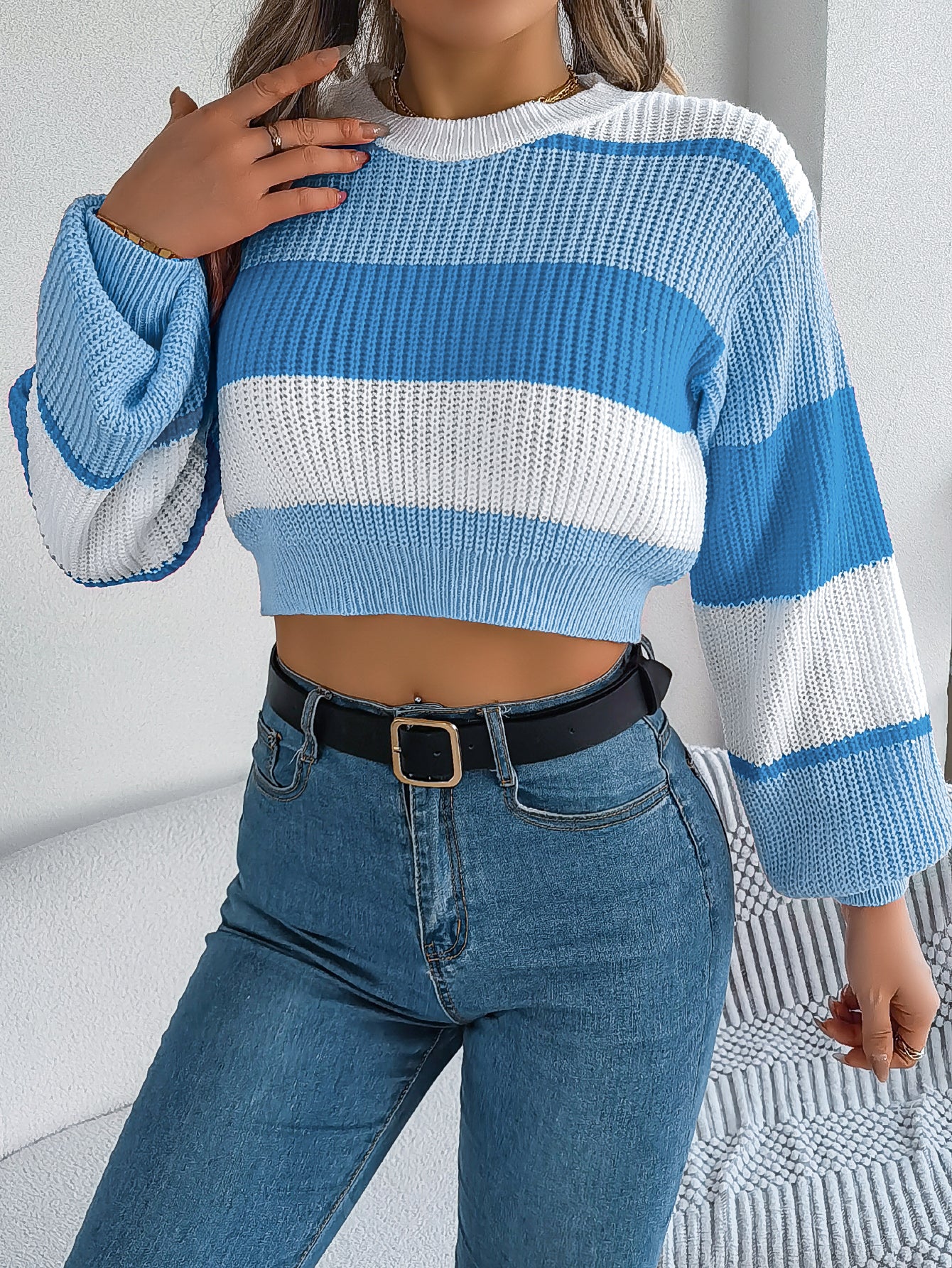 Women Casual Color Block Lantern Sleeve Cropped Pullover Sweater