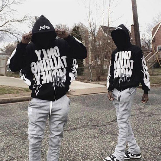 Men's "ONLY TALKING MONEY" Flame Letter Print Hip-Hop Zipper Hoodie Sweatshirts