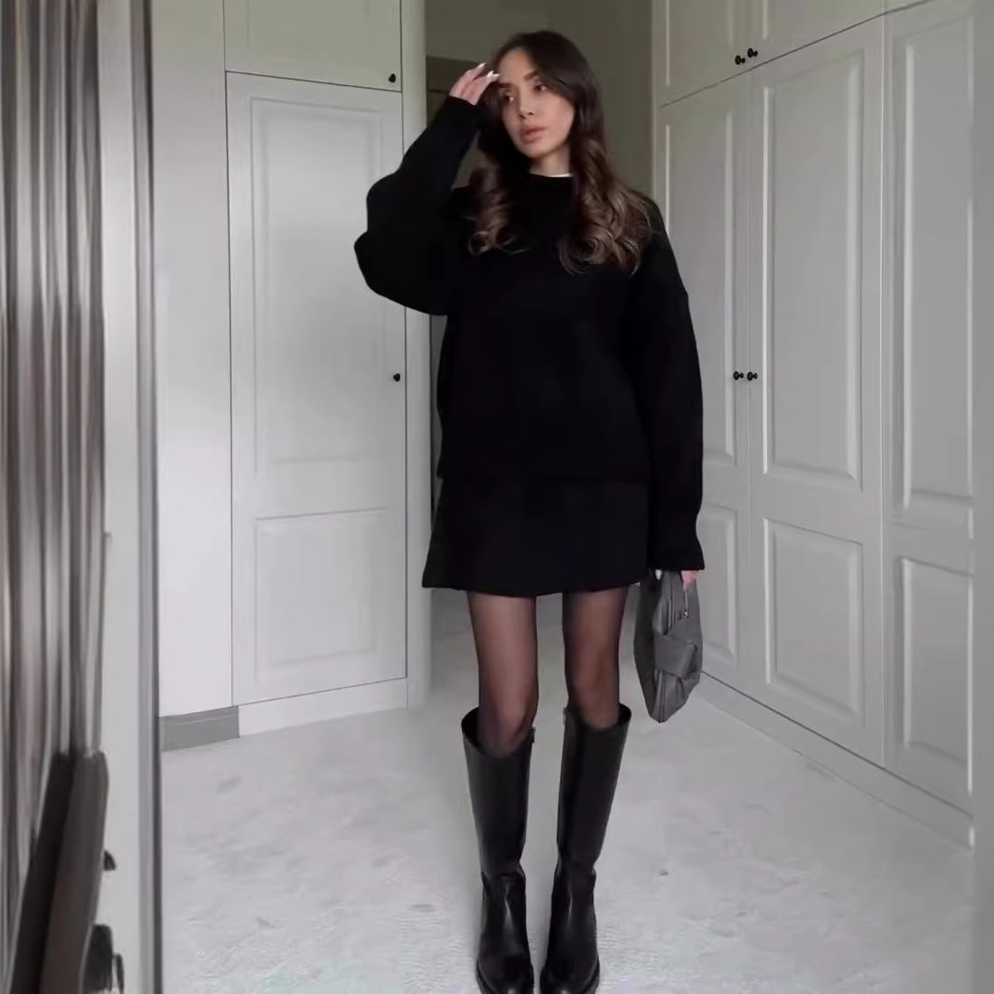 Knitted Long Sleeve Pullover Solid Color Sweater + High Waist Mini Skirt Women's 2-Piece Set to 3X Plus Size