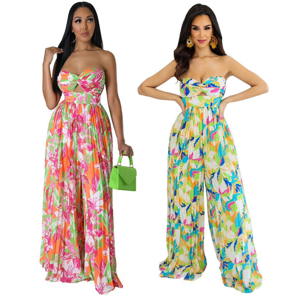 Pleated Sleeveless Tropical Floral Print Women's Hollow-Out Tube Top Wide Leg Pants Jumpsuit
