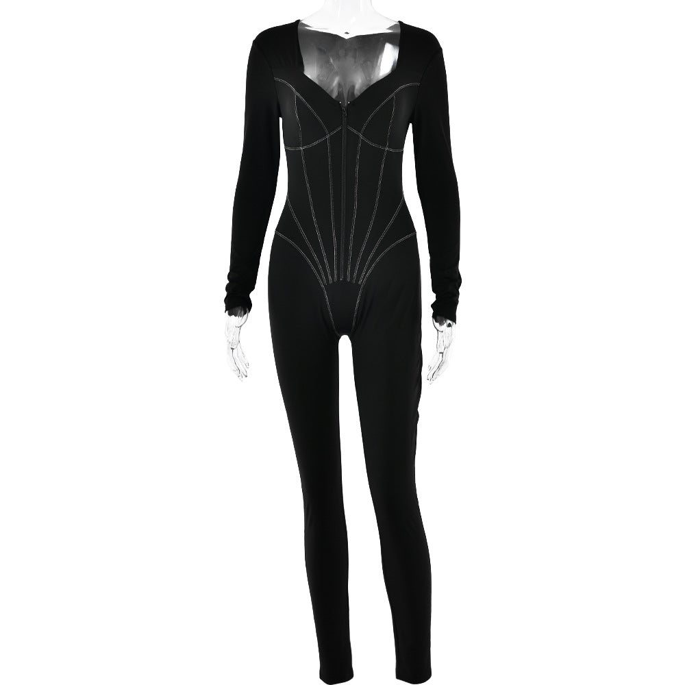 Corset Top Bodycon Long Sleeve Skin Tight Solid Color Zipper Jumpsuit