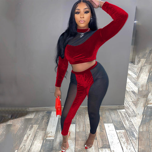 Sheer Transparent Patchwork Long Sleeve Crop Top + Colorblock Skinny Leggings Women's 2-Piece Set