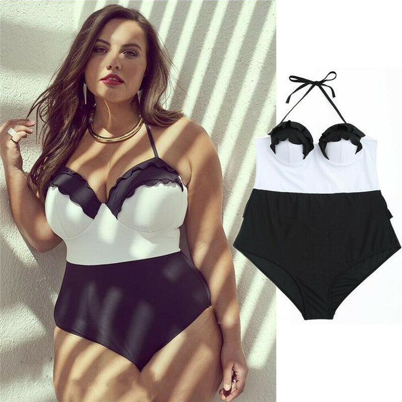 Black/White Lace Colorblock Camisole Spaghetti Strap Women's One-Piece Swimsuit to 4X Plus Size