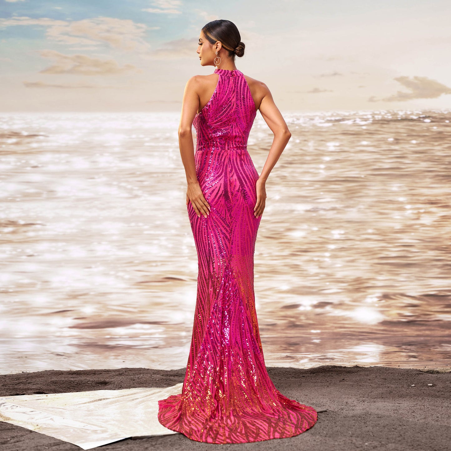 Magenta Seqiuned Sleeveless O-Neck Hollow-Out Skinny Fishtail Floor-Length Formal Evening Party/Prom Dress
