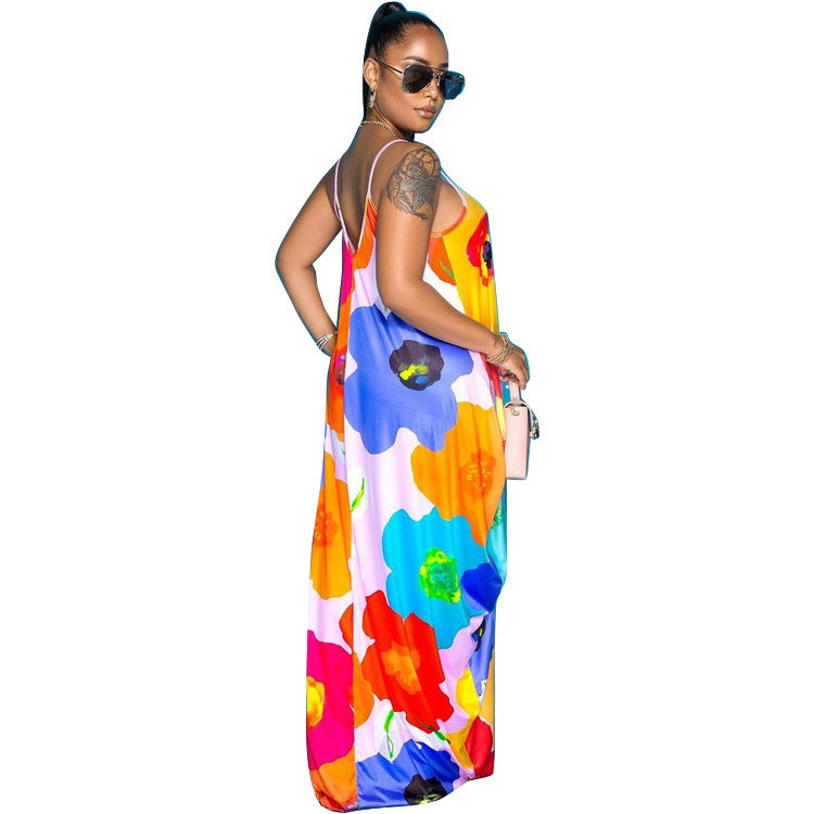 Pastel Big Flower Print Pocketed Loose Spaghetti Strap Harem Maxi Dress