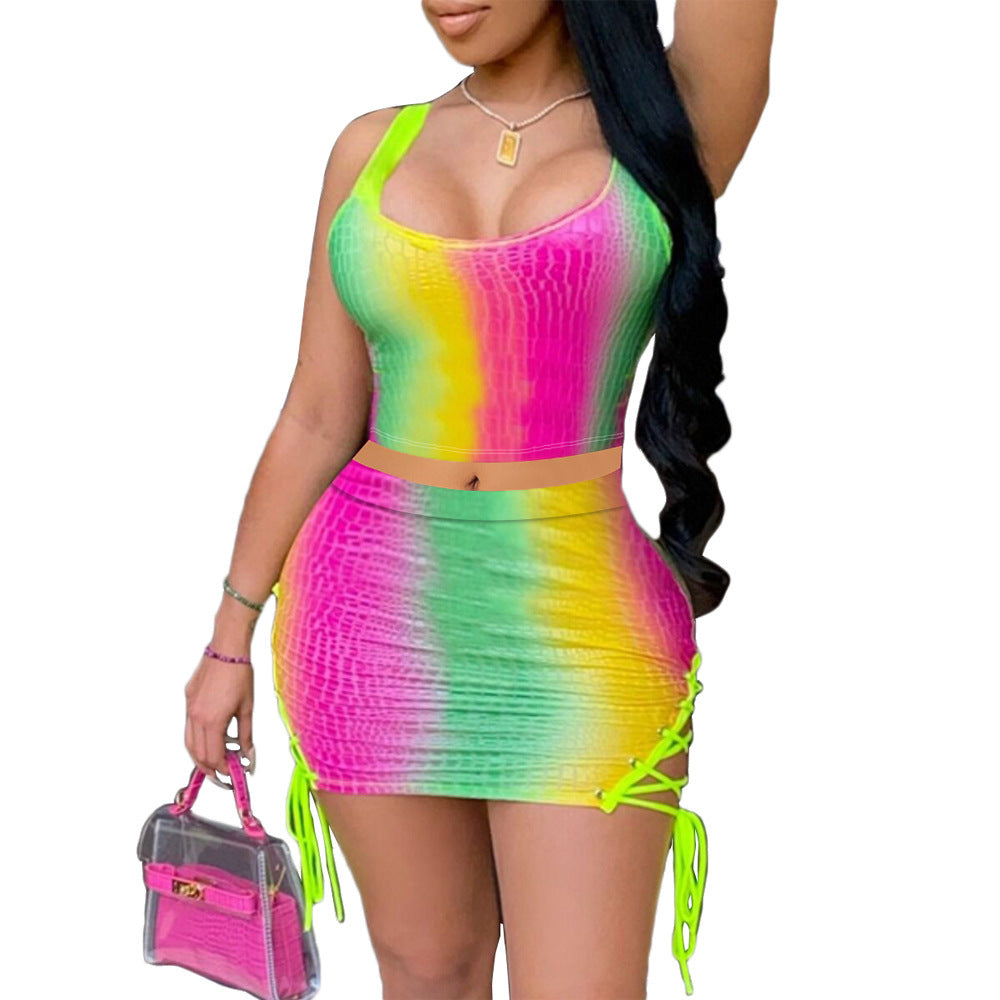 Hot Pink/Yellow/Green Rainbow Striped Sleeveless Halter Crop Top + Drawstring Mini Skirt 2-Piece Set