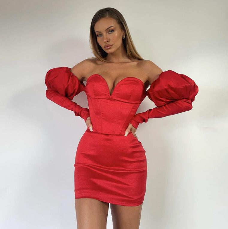 Red Off-the-Shoulder Deep V-Neck Ruched Puff Sleeve Corset Top Formal Mini Dress
