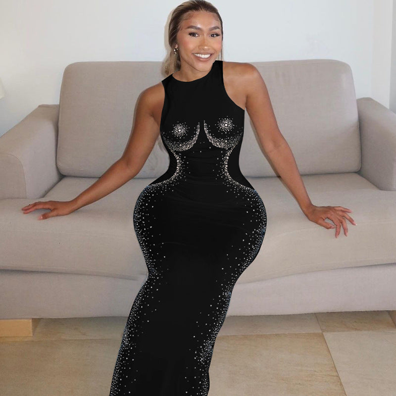 Black Rhinestone Skinny Sleeveless Maxi Dress