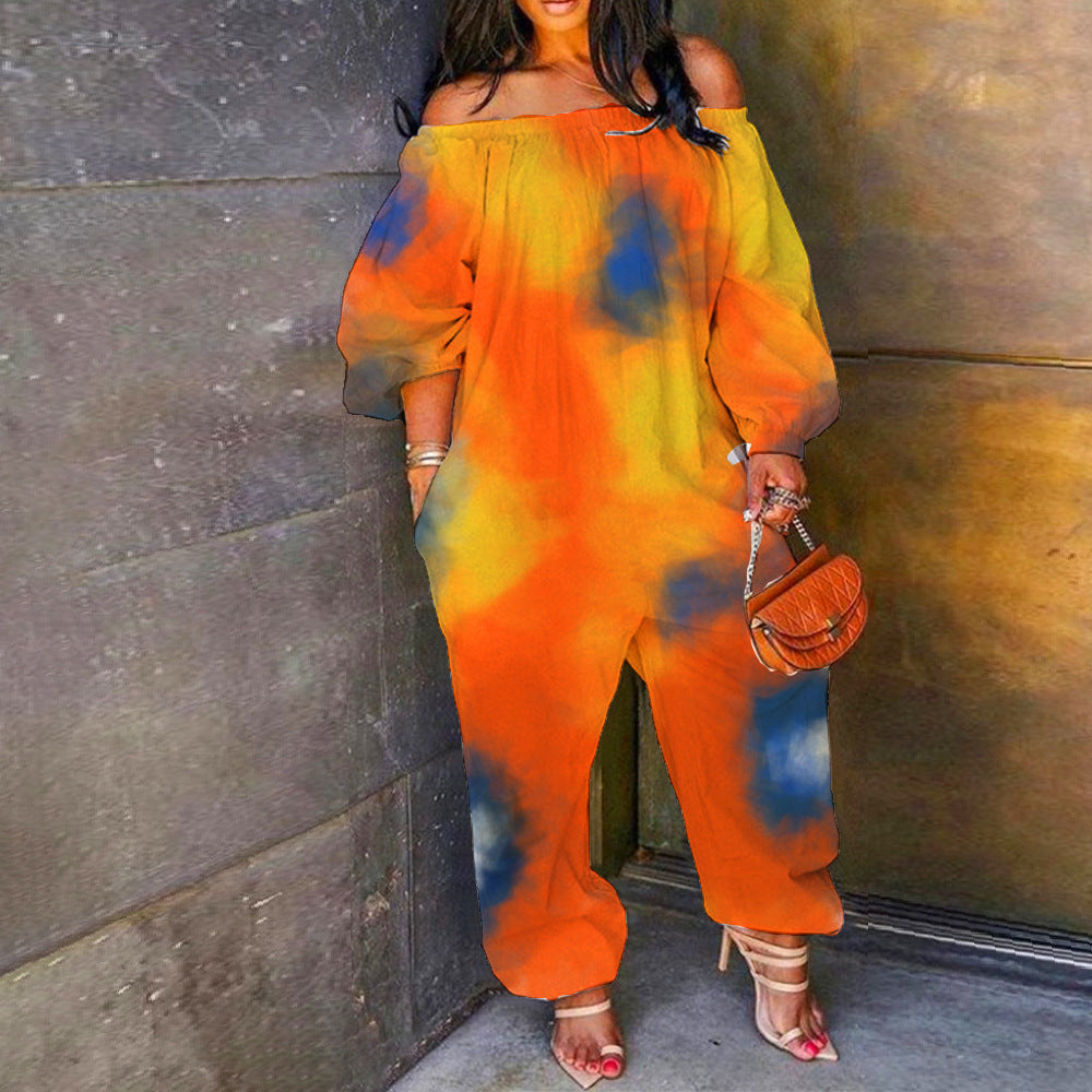 Oversized Tie-Dye Print Off-the-Shoulder Long Sleeve Harem Pants Jumpsuit to 4X Plus Size