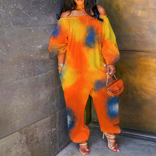 Oversized Tie-Dye Print Off-the-Shoulder Long Sleeve Harem Pants Jumpsuit to 4X Plus Size