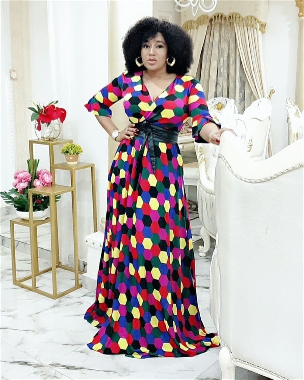 Geometric Multi-Colored Print V-Neck Short Sleeve Sash Belted Maxi Dress