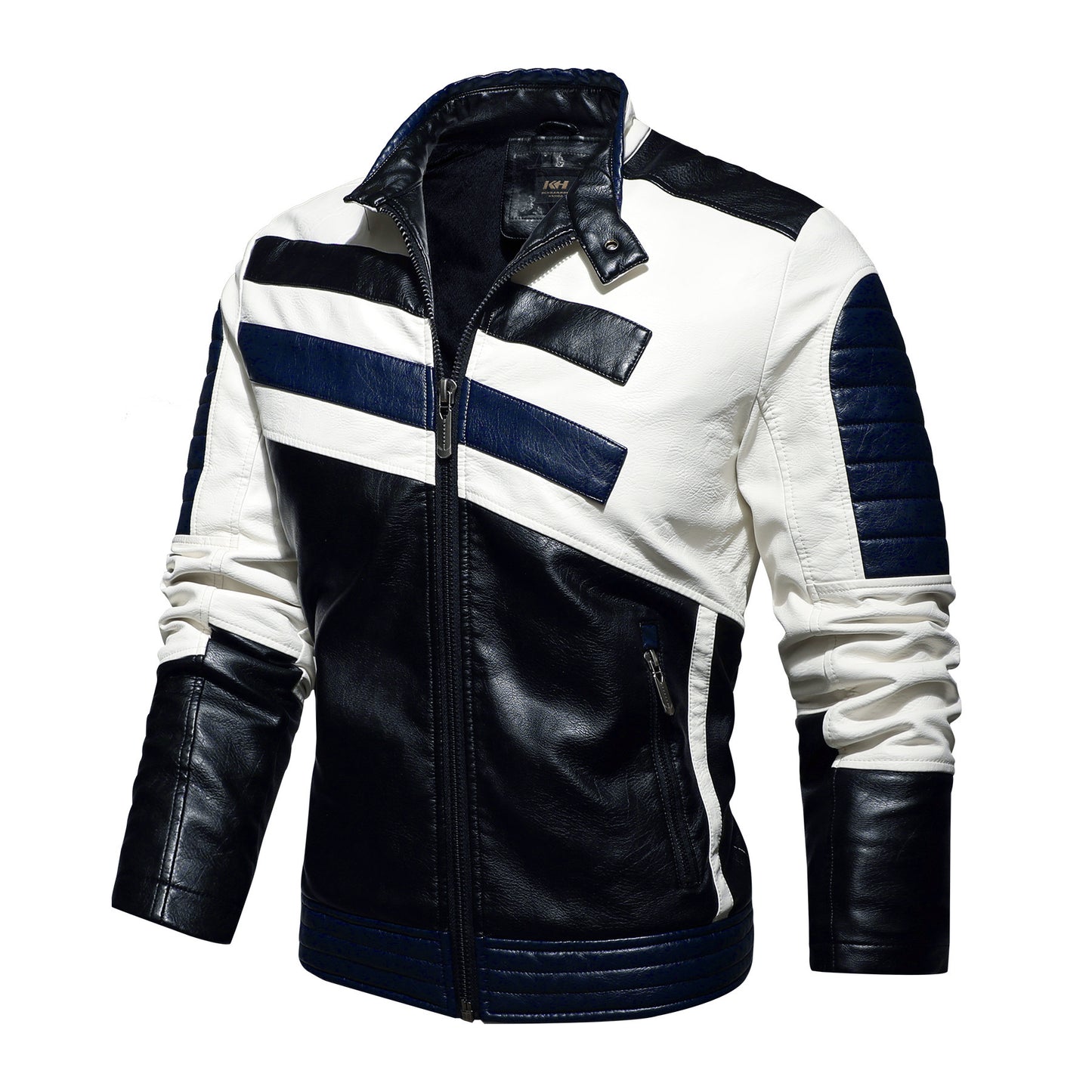 Men's PU Leather Diagonal Striped Colorblock Pattern Motorcycle Stand Collar Biker Bomber Jacket