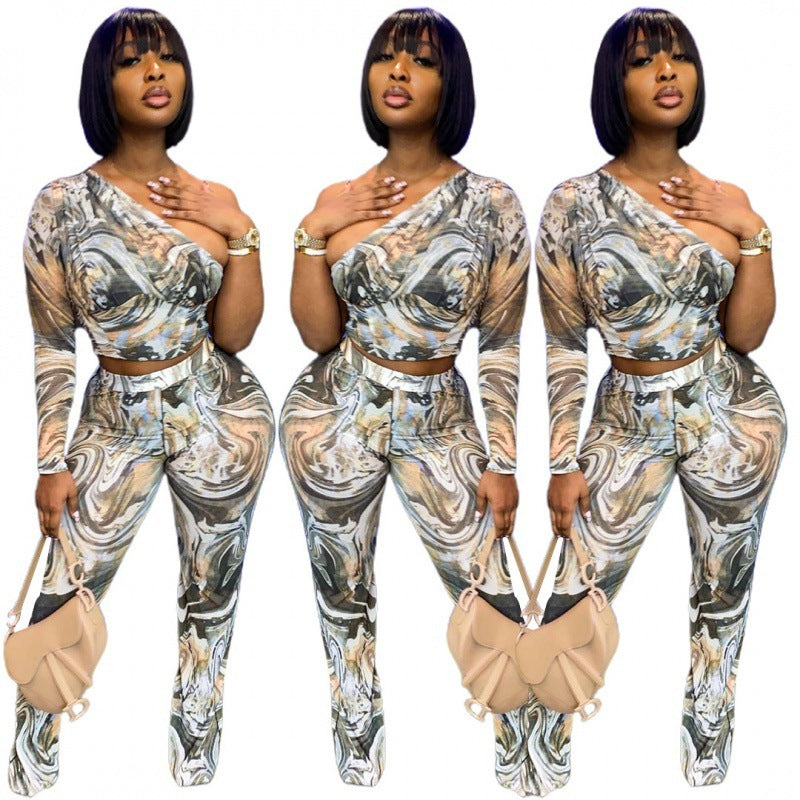 Geometric Swirl  Asymmetrical One Shoulder Long Sleeve Top + Elastic Waist Leggings Women's 2-Piece Set