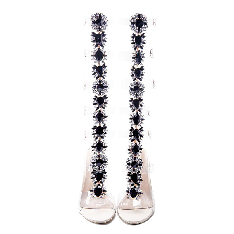 Big Rhinestone Embellished Transparent PVC Clear Heel Lace-Up Knee High Women's Boots